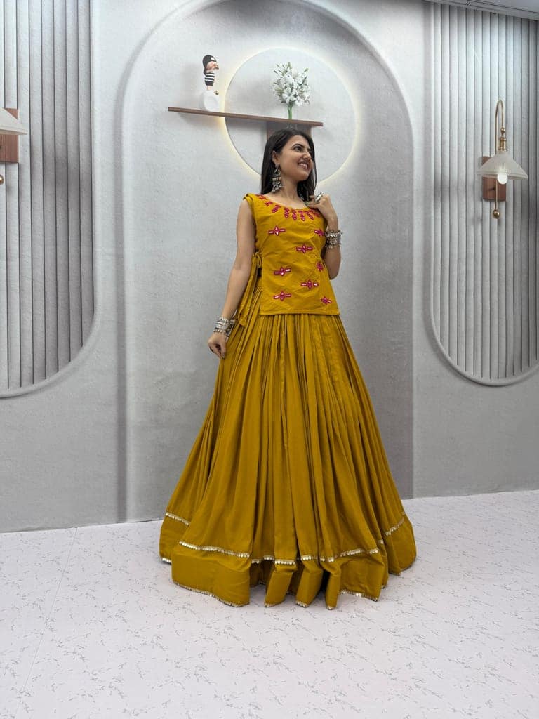 Yellow Rayon Cotton Flared Lehenga Choli with Embroidered Jacket Set view 2