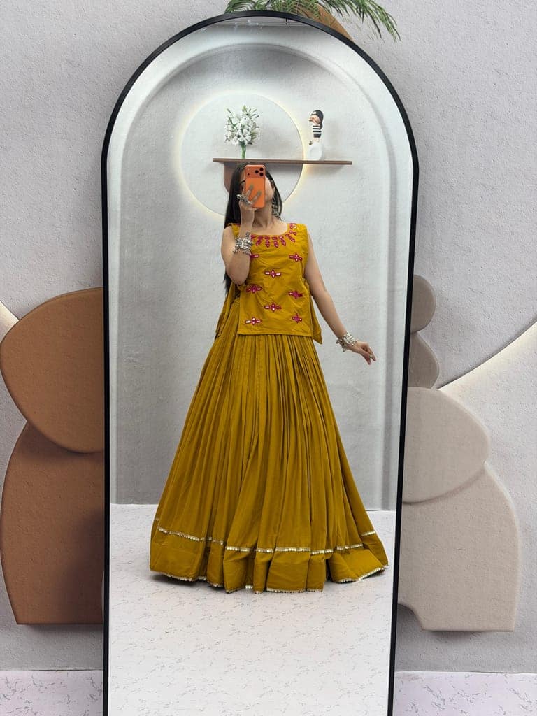 Yellow Rayon Cotton Flared Lehenga Choli with Embroidered Jacket Set view 3