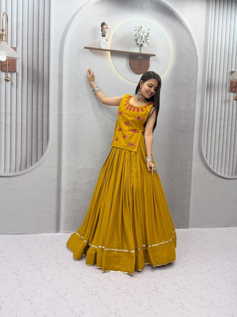 Yellow Rayon Cotton Flared Lehenga Choli with Embroidered Jacket Set view 4