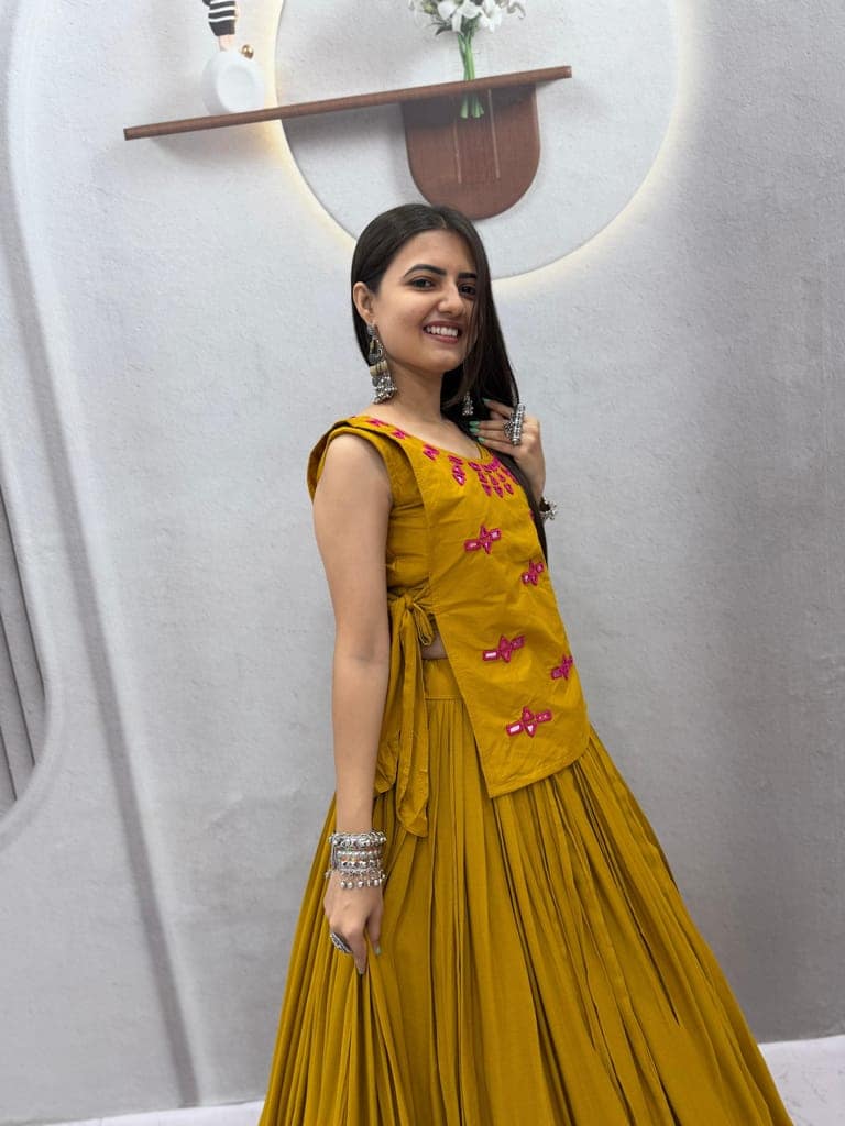 Yellow Rayon Cotton Flared Lehenga Choli with Embroidered Jacket Set view 5
