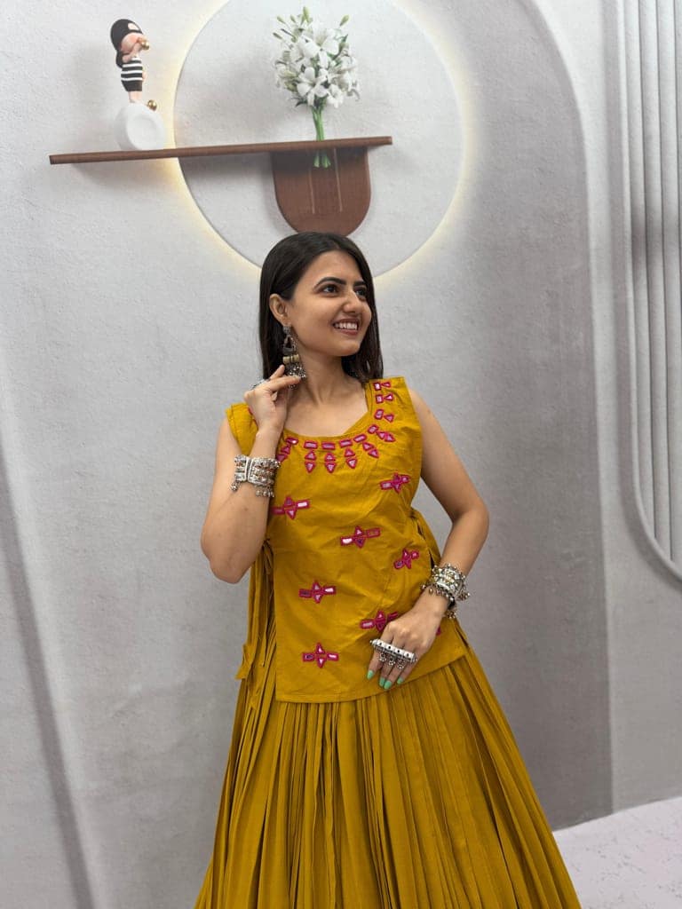 Yellow Rayon Cotton Flared Lehenga Choli with Embroidered Jacket Set view 6