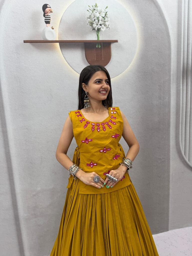 Yellow Rayon Cotton Flared Lehenga Choli with Embroidered Jacket Set view 7