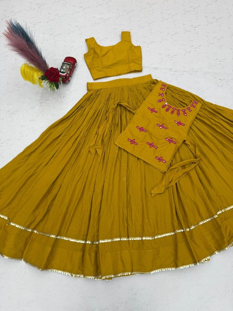 Yellow Rayon Cotton Flared Lehenga Choli with Embroidered Jacket Set view 8