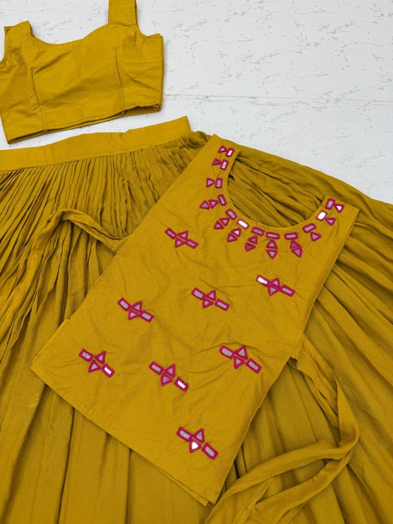 Yellow Rayon Cotton Flared Lehenga Choli with Embroidered Jacket Set view 9