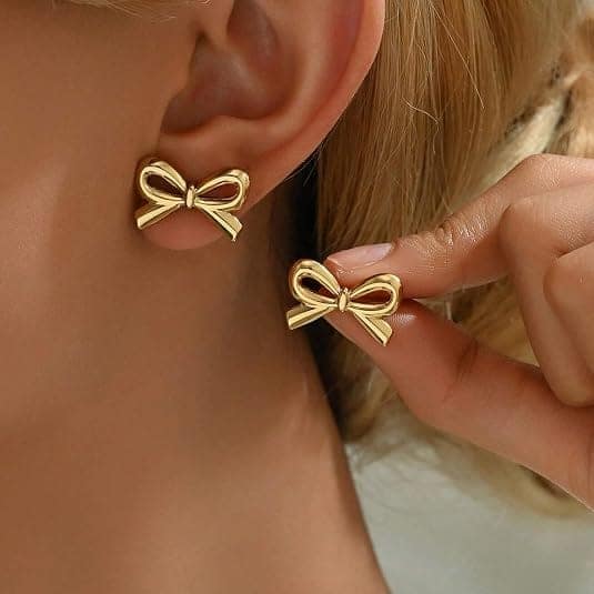 Elegantra Anti-Tarnish Minimalist Gold Bow Stud Earrings | Premium Cute Ribbon Ear Studs Set for Women & Girls (Pair of 1) view 3