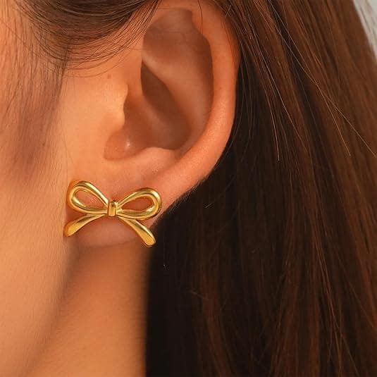 Elegantra Anti-Tarnish Minimalist Gold Bow Stud Earrings | Premium Cute Ribbon Ear Studs Set for Women & Girls (Pair of 1) view 4