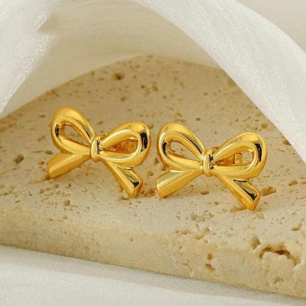 Elegantra Anti-Tarnish Minimalist Gold Bow Stud Earrings | Premium Cute Ribbon Ear Studs Set for Women & Girls (Pair of 1) view 5