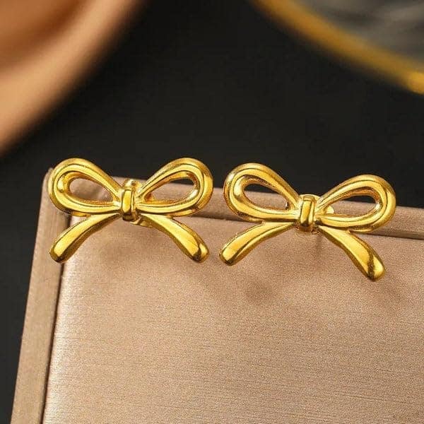 Elegantra Anti-Tarnish Minimalist Gold Bow Stud Earrings | Premium Cute Ribbon Ear Studs Set for Women & Girls (Pair of 1) view 6