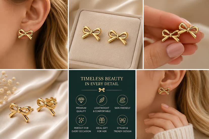 Elegantra Anti-Tarnish Minimalist Gold Bow Stud Earrings | Premium Cute Ribbon Ear Studs Set for Women & Girls (Pair of 1) view 7