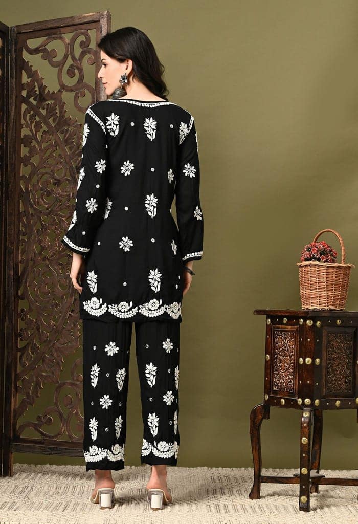 Chikankari Cord Set in Modal Fabric - Black view 5