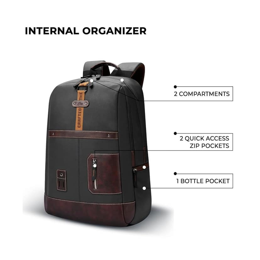 Classic 6 18"/31L Antitheft Large Faux Leather Water Resistant Laptop backpack/Laptop backpack/Casual Backpack/Daypack/Travel Backpack/College Bag For Men/Women(Black-Brown) view 3