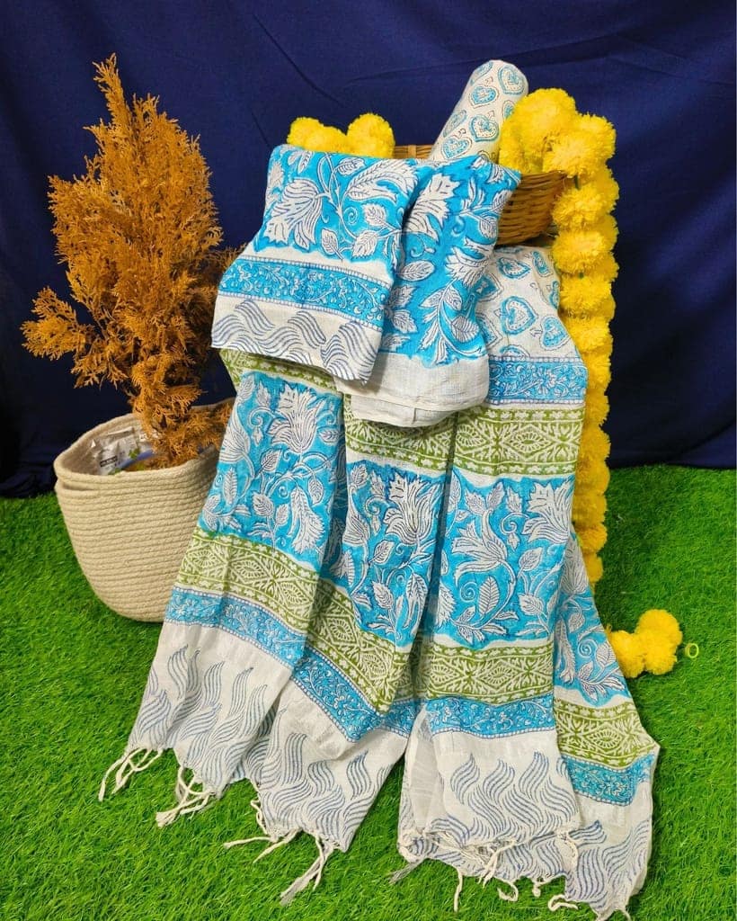 Linen Suit Set Sky Blue Color with Cotton Bottom, Linen Top and Dupatta Handblock Printed-8094 view 2