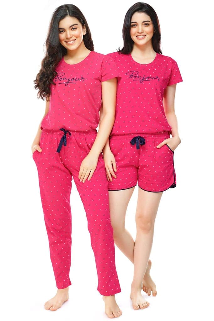 ZEYO Women's Cotton 3PCS Navy Blue Triangle Printed Night suit set