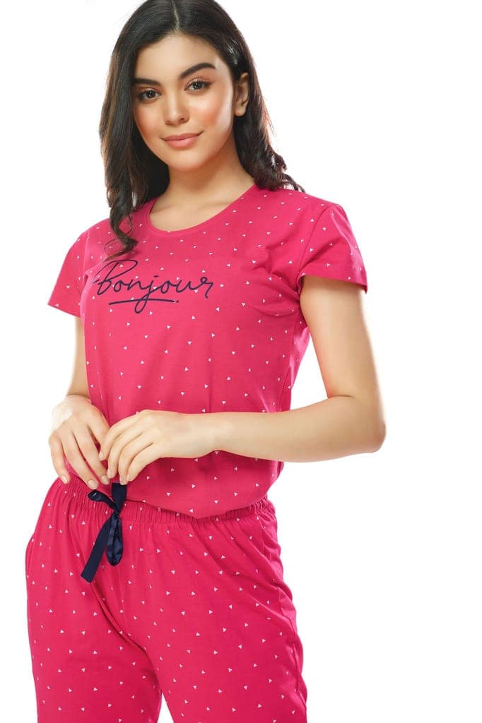ZEYO Women's Cotton 3PCS Navy Blue Triangle Printed Night suit set view 2