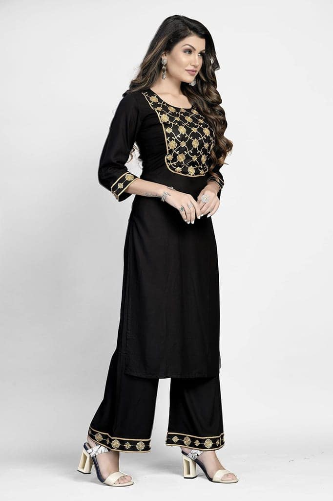 Buy & Try Women's Rayon Kurta Plazzo Set with Aari Work, Straight Kurti Set with Plazzo for Girls, Diwali, Festival Puja. view 2