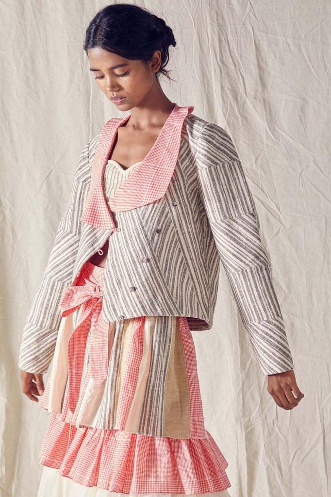 Wrap Jacket In Striped Organic Cotton And Red Checks Cotton Khadi Mulmul view 2