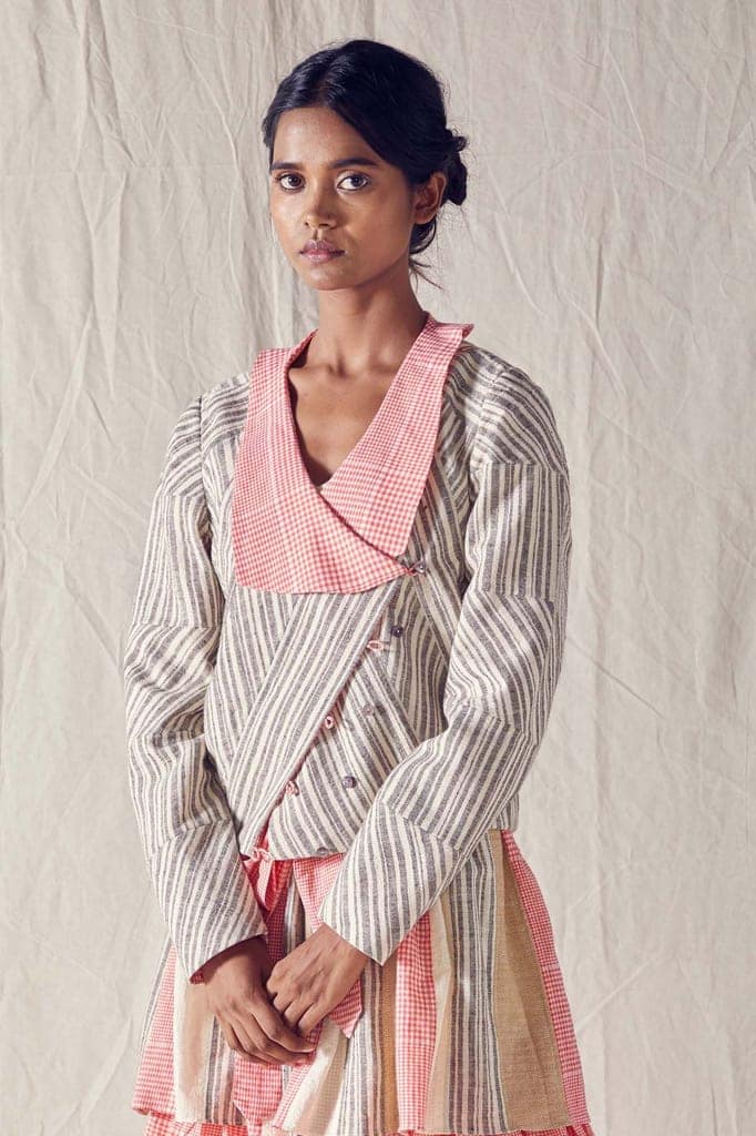 Wrap Jacket In Striped Organic Cotton And Red Checks Cotton Khadi Mulmul view 3