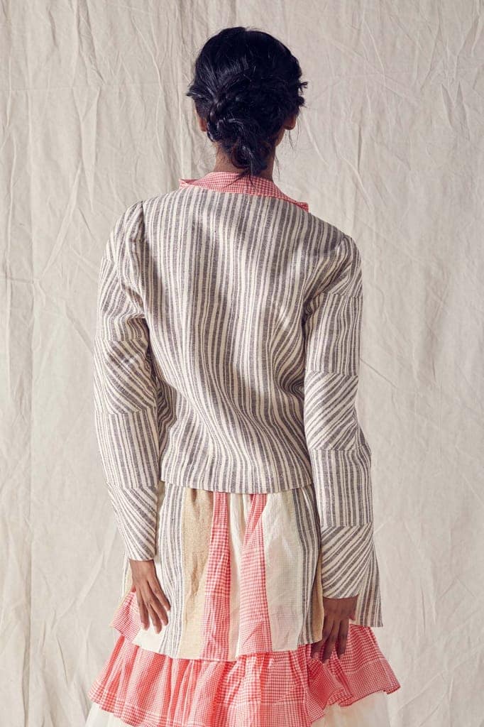 Wrap Jacket In Striped Organic Cotton And Red Checks Cotton Khadi Mulmul view 4