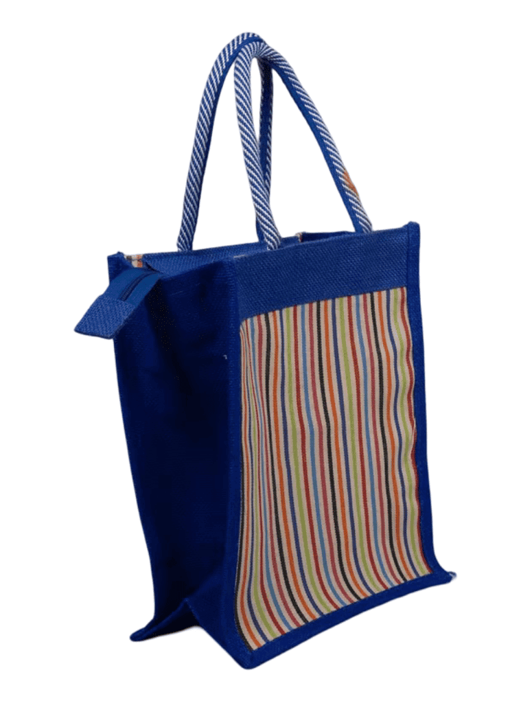 Vibrant Royal Blue Striped Jute Tote Bag with Zipper Closure view 2
