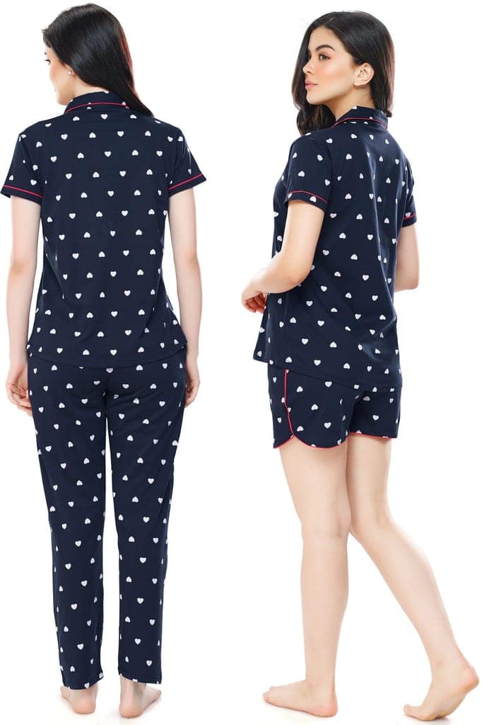 ZEYO Women's Cotton 3PCS Green Heart Printed Night suit set view 3