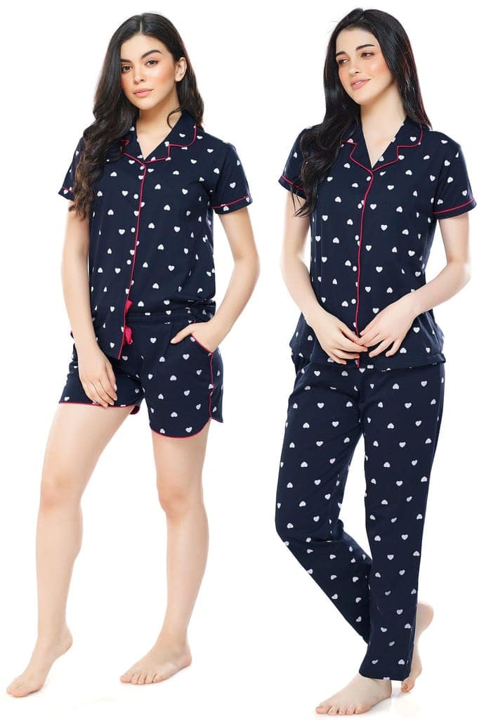 ZEYO Women's Cotton 3PCS Green Heart Printed Night suit set view 4