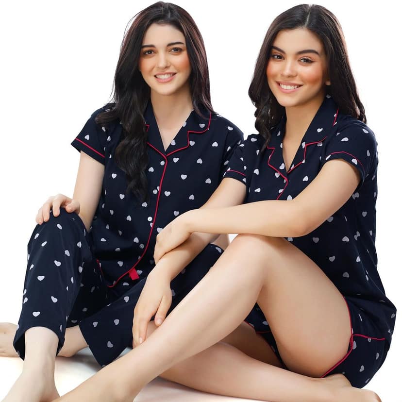 ZEYO Women's Cotton 3PCS Green Heart Printed Night suit set view 5