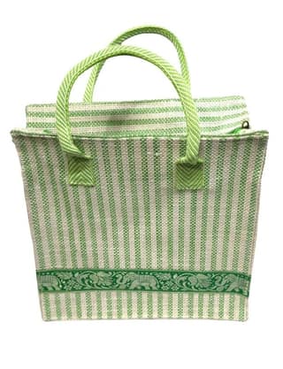 Light Green Striped Jute Tote Bag with Elephant Motif
