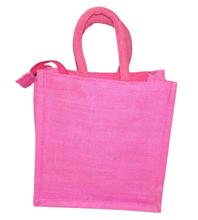 Pink Jute Handbag with Checkered Pocket & Flower Applique view 2