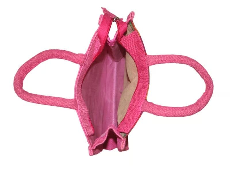 Pink Jute Handbag with Checkered Pocket & Flower Applique view 3