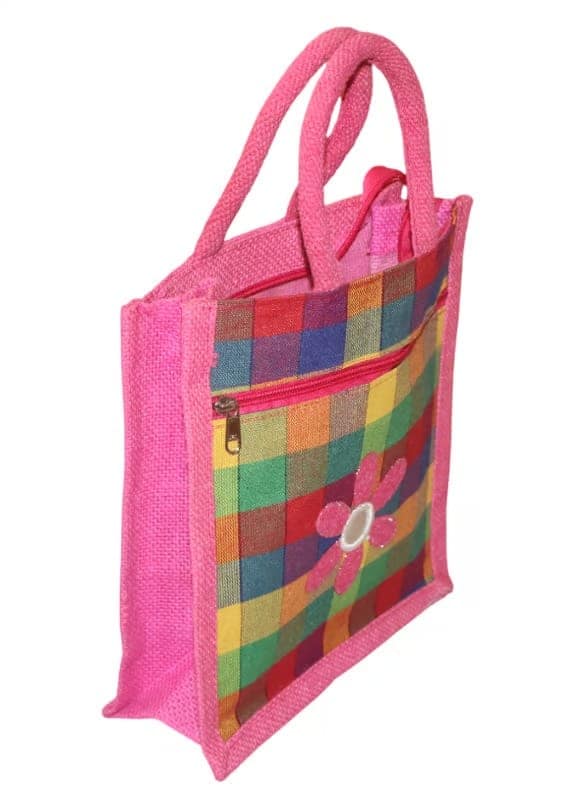 Pink Jute Handbag with Checkered Pocket & Flower Applique view 4