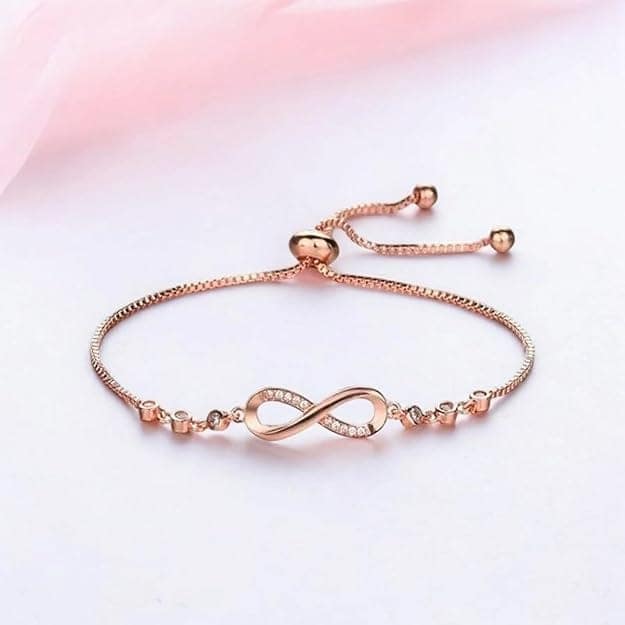 Infinity Symbol Bracelet with Cubic Zirconia Stones in Rose Gold Plating view 2