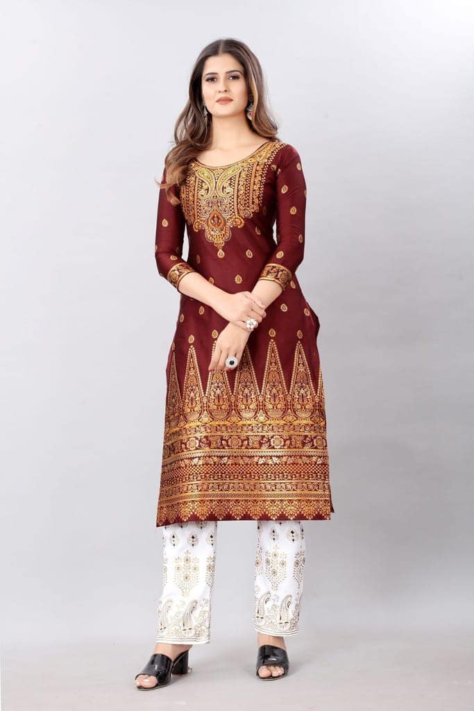 Red-Gold Toned Unstiched Woven Design Dress Material