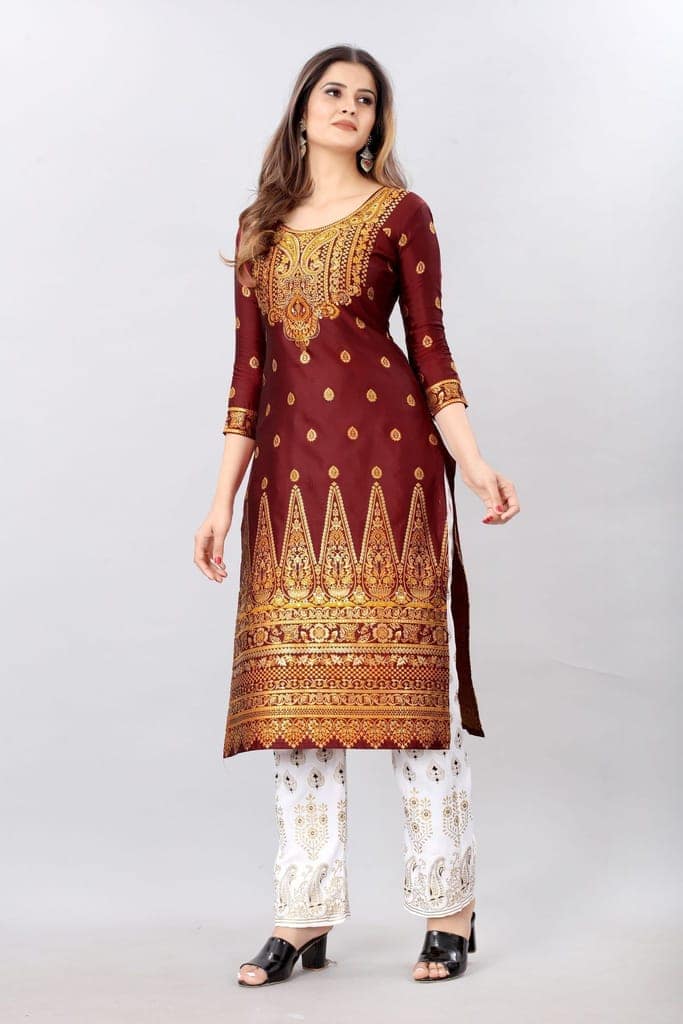 Red-Gold Toned Unstiched Woven Design Dress Material view 3
