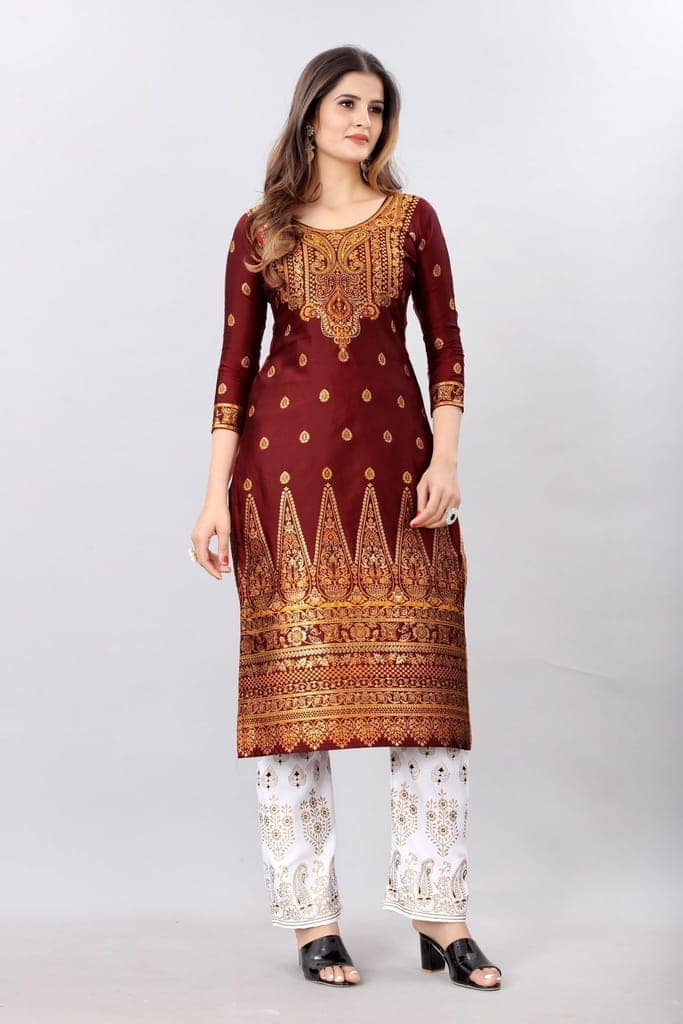 Red-Gold Toned Unstiched Woven Design Dress Material view 4