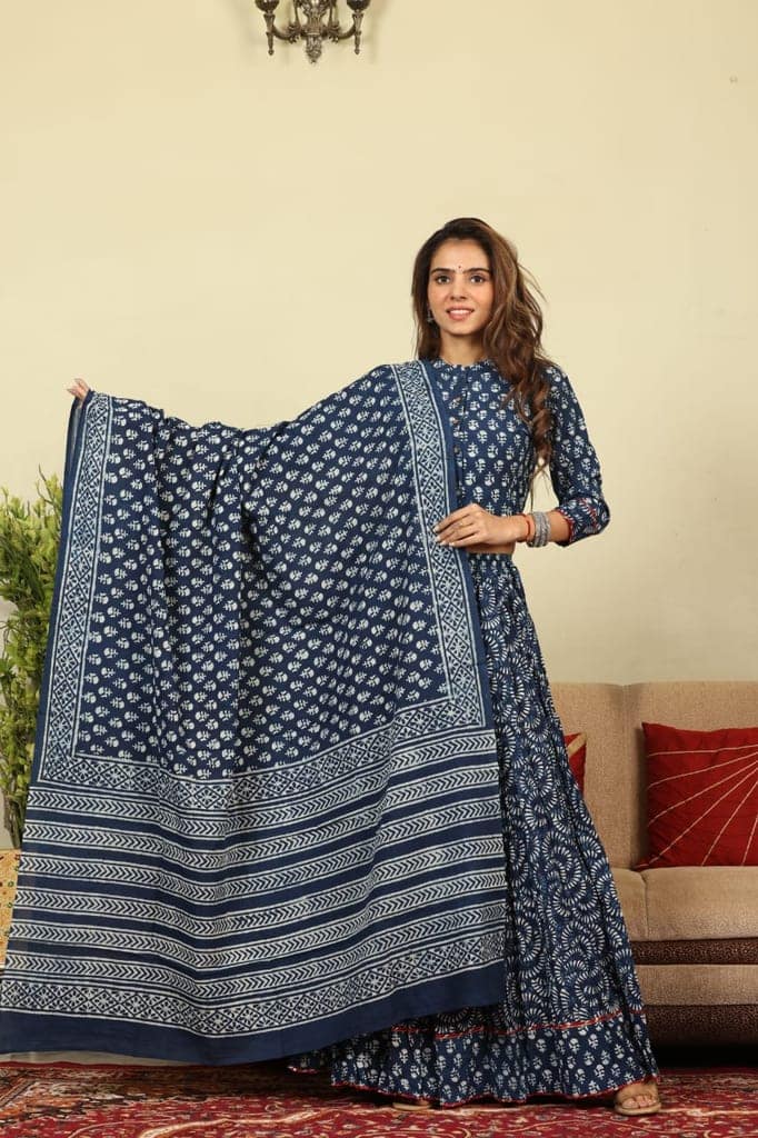 Handblock Printed Cotton Lehanga And Top With Mulmul Dupatta (Size: 34-46) Indigo Color-2066 view 3