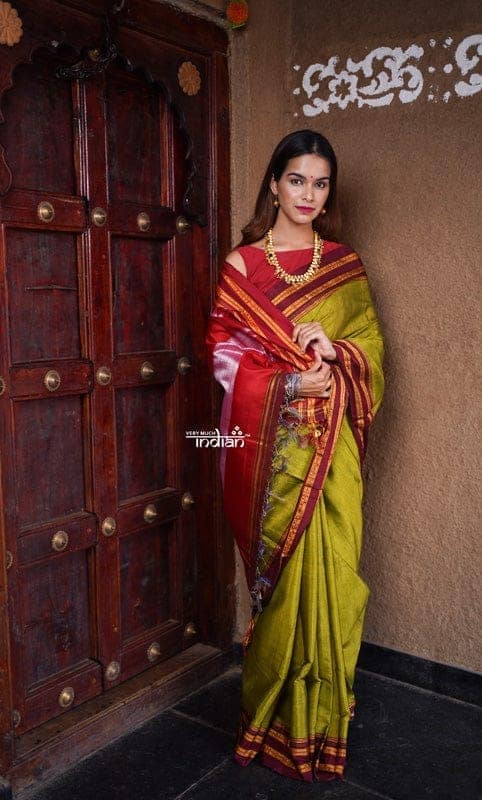 Handloom Cotton Viscose Ilkal Saree with Pure Resham Pallu – Bright Green with Red Border view 2