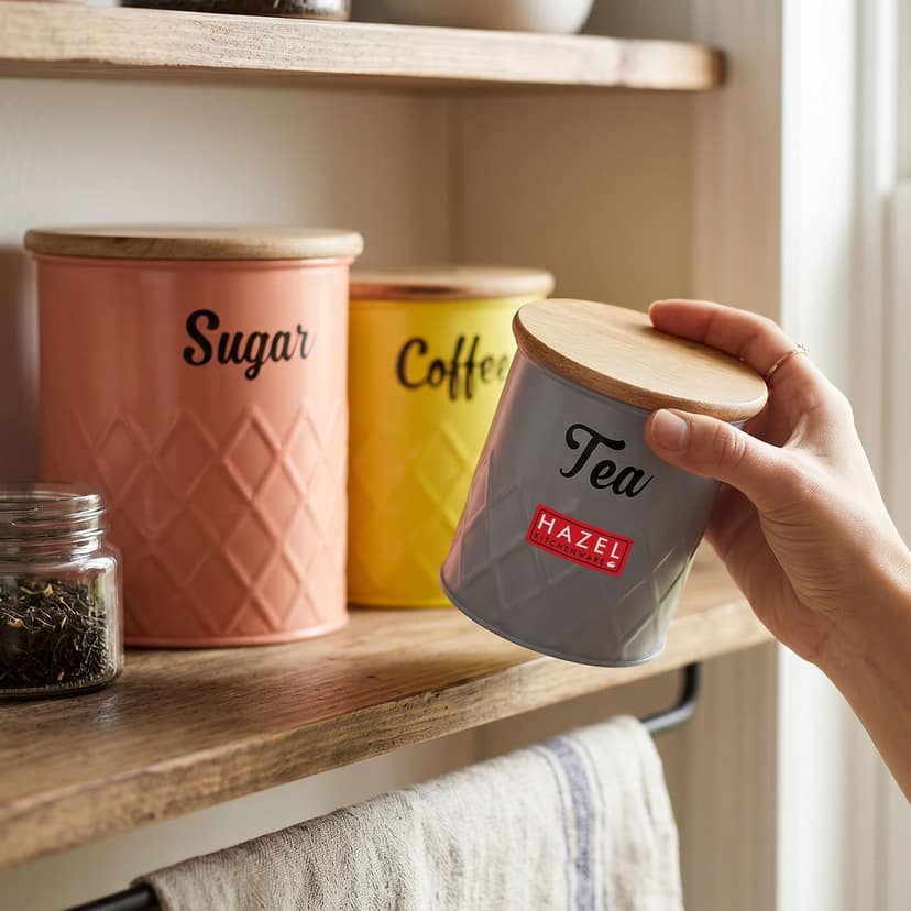 HAZEL Tea Coffee Sugar Container Set of 3 with Airtight Wooden Lid view 2
