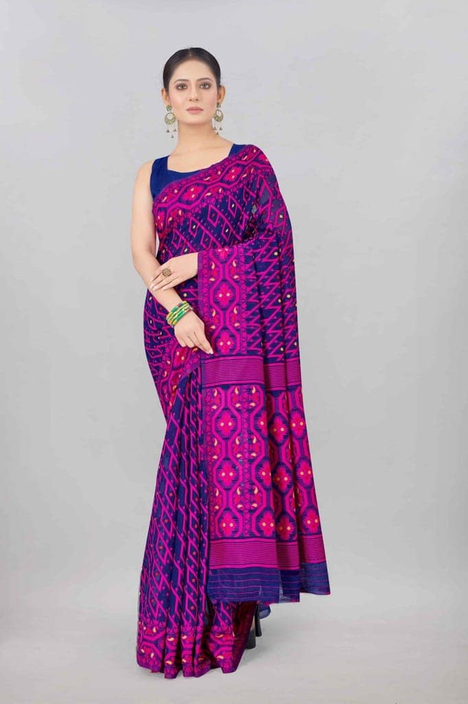 Dark Blue Woven Jamdani Cotton Silk Saree