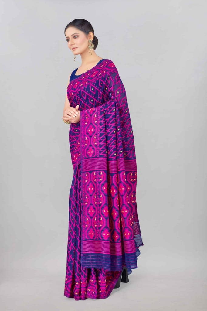 Dark Blue Woven Jamdani Cotton Silk Saree view 2