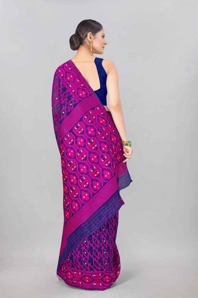 Dark Blue Woven Jamdani Cotton Silk Saree view 3