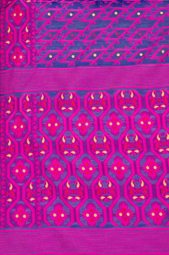 Dark Blue Woven Jamdani Cotton Silk Saree view 5