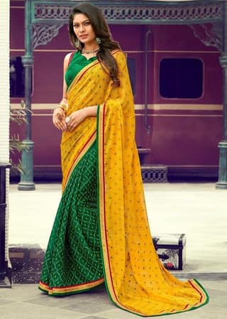 Yellow Color Stone Work Chiffon Saree With Fancy Border And Dupion Silk Blouse Piece