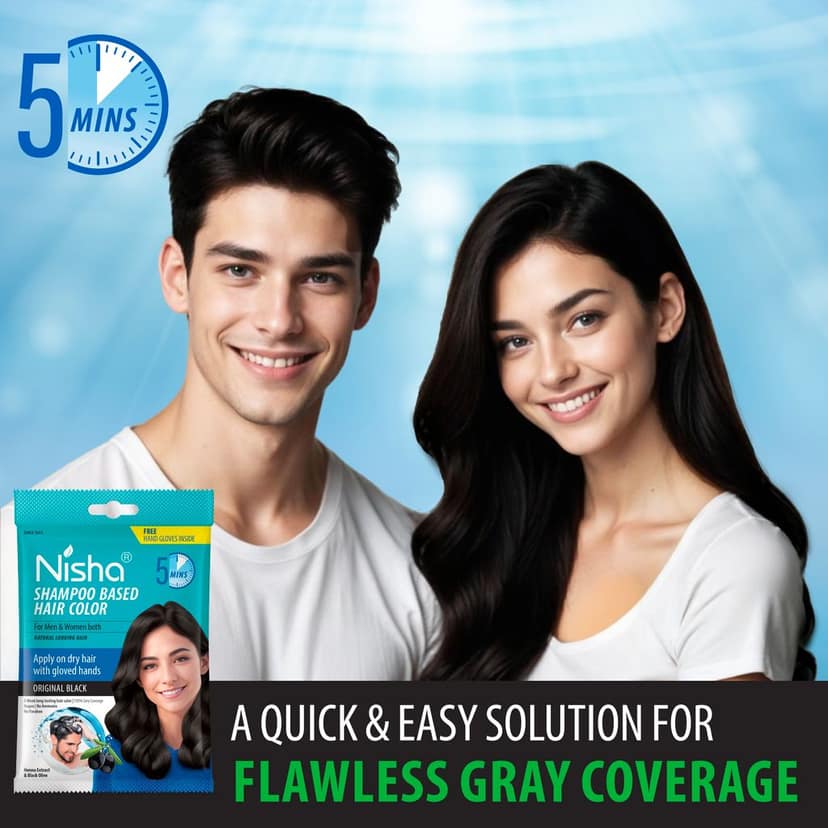 Nisha 5 Minute Shampoo Hair Colour Original Black 20ml Pack of 8, 5 Weeks Long Lasting Hair Colour Shampoo view 10