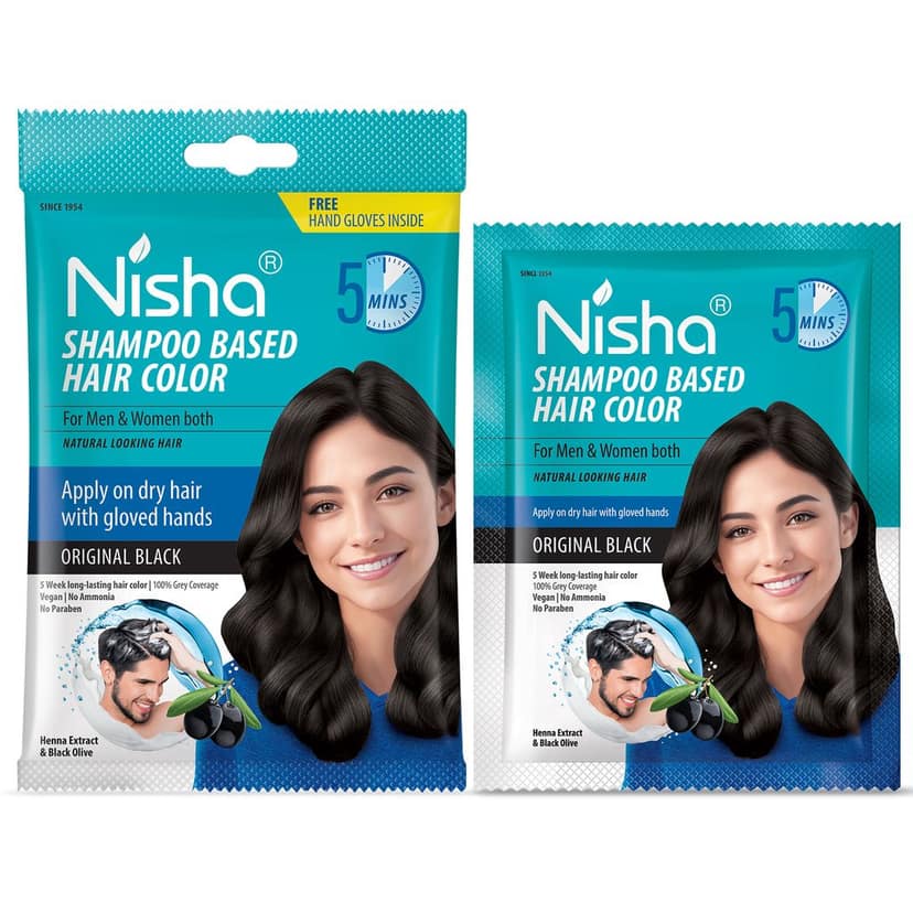 Nisha 5 Minute Shampoo Hair Colour Original Black 20ml Pack of 8, 5 Weeks Long Lasting Hair Colour Shampoo view 3
