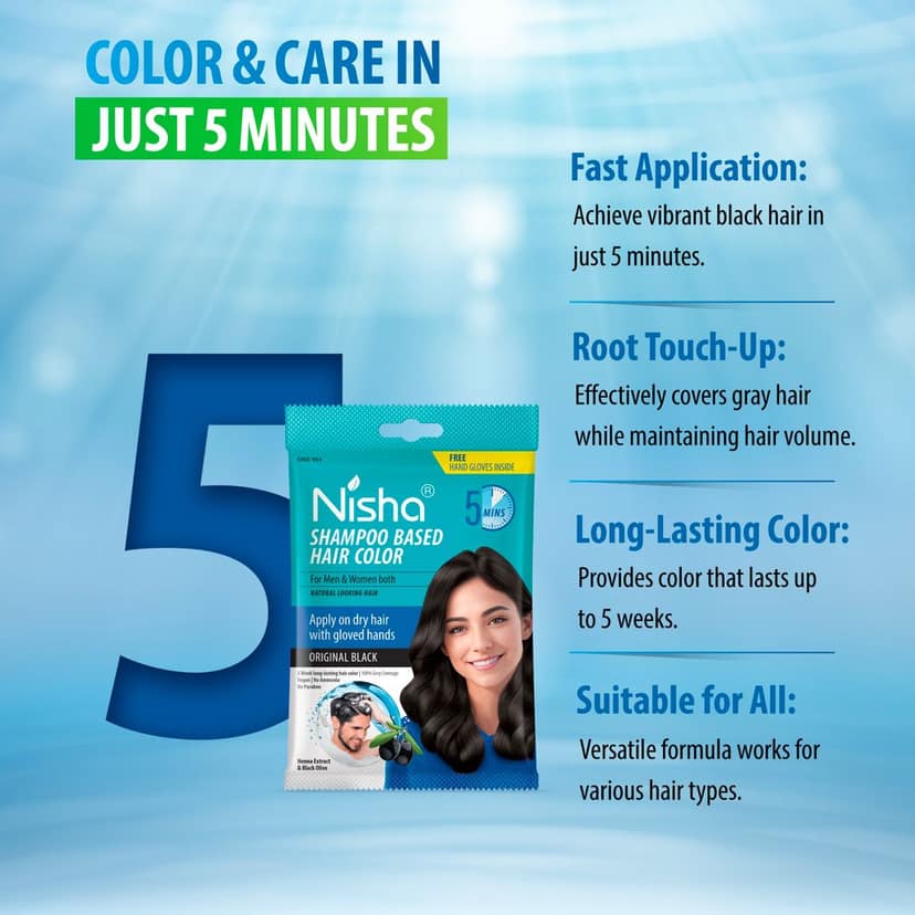 Nisha 5 Minute Shampoo Hair Colour Original Black 20ml Pack of 8, 5 Weeks Long Lasting Hair Colour Shampoo view 5