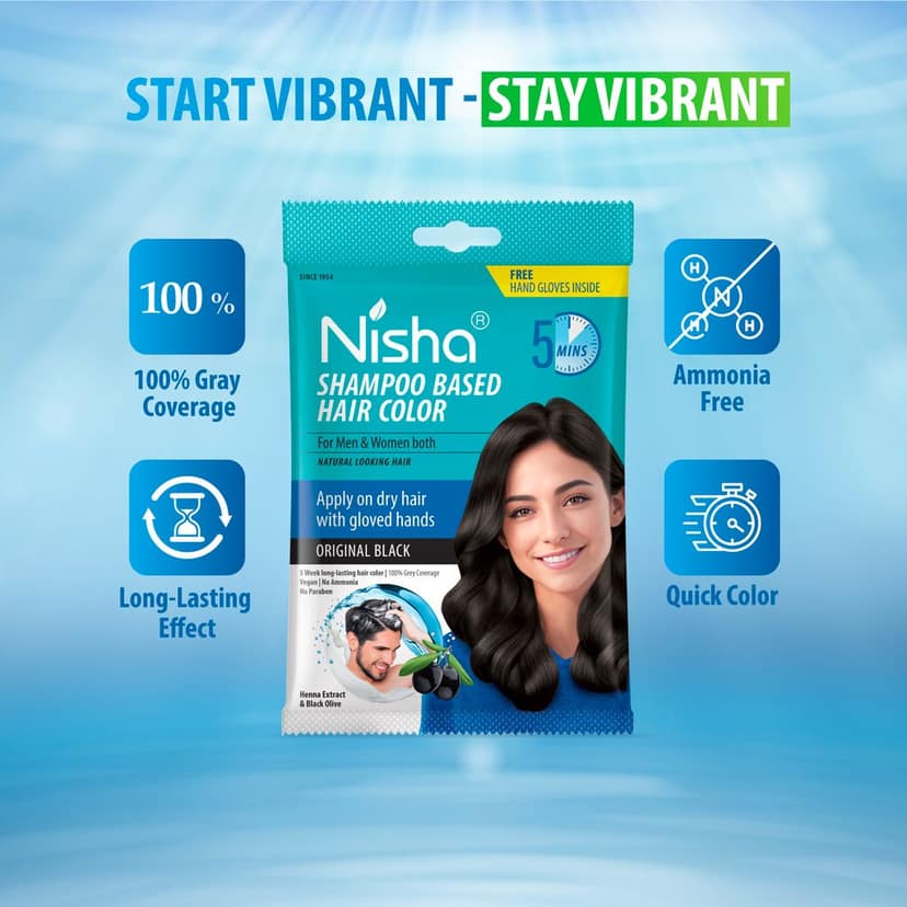 Nisha 5 Minute Shampoo Hair Colour Original Black 20ml Pack of 8, 5 Weeks Long Lasting Hair Colour Shampoo view 6