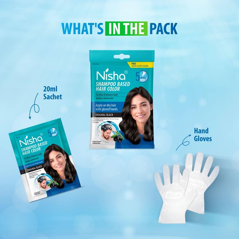 Nisha 5 Minute Shampoo Hair Colour Original Black 20ml Pack of 8, 5 Weeks Long Lasting Hair Colour Shampoo view 7