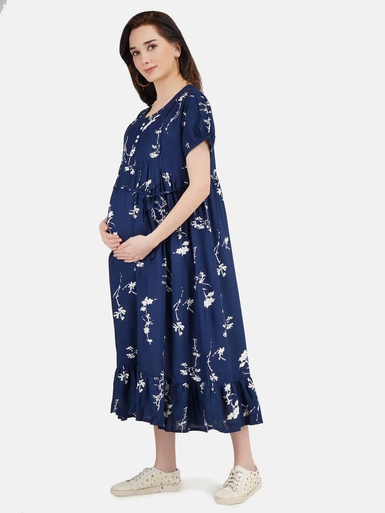 KOI SLEEPWEAR Women's Rayon Maternity White Floral Breastfeeding Gown Dress with Feeding Pocket Maxi Night Gown for Pregnant Women - Navy Blue (X-Large) view 2