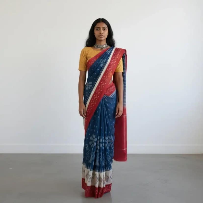 Pochampally Ikat Handloom Cotton Saree in Navy Blue and Red