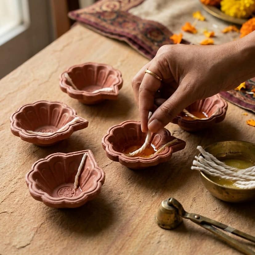 Traditional Flower Shape Terracotta Clay Diya 6 Pcs Set for Pooja and Festival Decor view 2